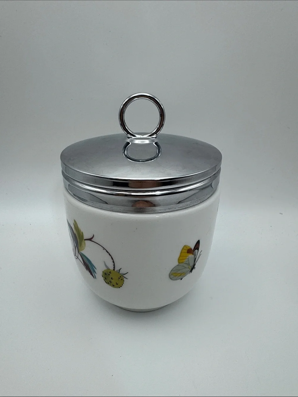 Royal Worcester White Porcelain Lidded Jar with Fruit and Floral Accents 4”